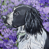 Horse lying among purple flowers with a textured background