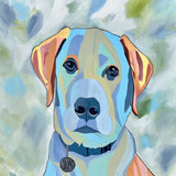 Colorful painting of a dog's face on a wooden surface