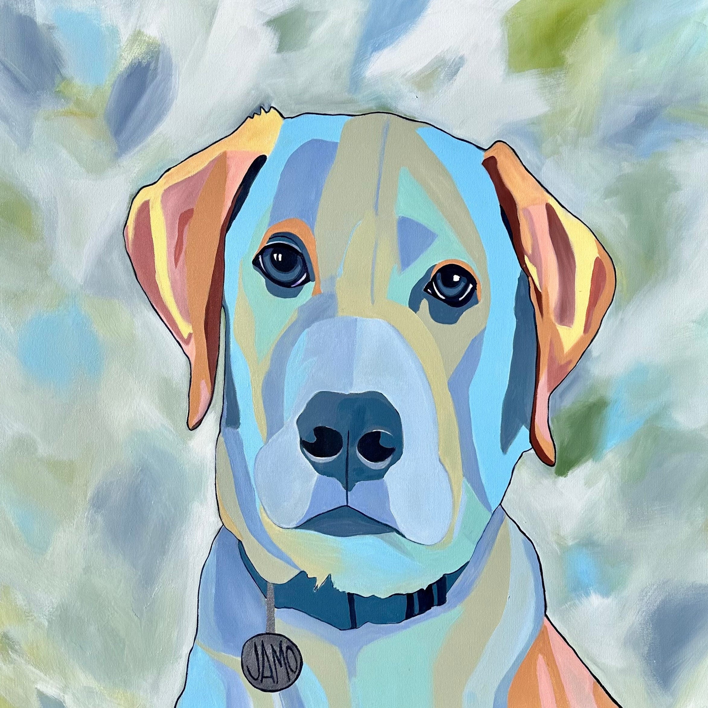 Colorful painting of a dog's face on a wooden surface