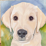 Painting of a yellow labrador retriever on a wooden background