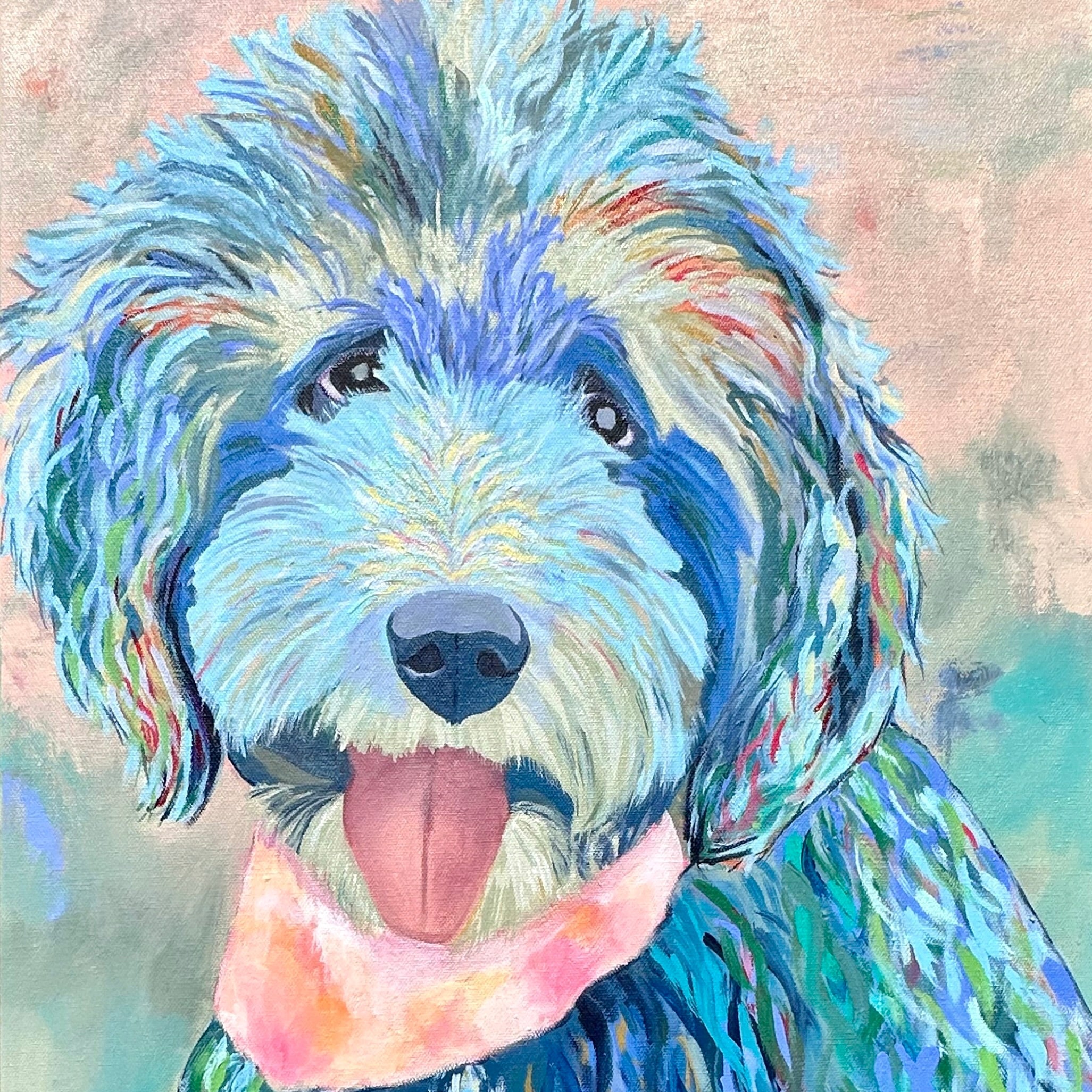 Colorful watercolor painting of a dog with a textured background